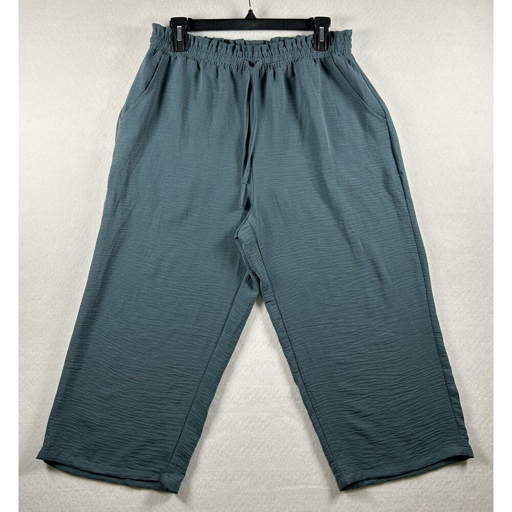 NWT Anyhold Dusty Teal Wide Leg Cropped Pants Large Paperbag Waist Pockets Boho